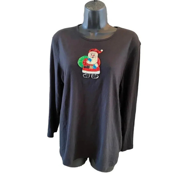 Karen Scott Tops - Karen Scott Womens Size Large Black Christmas Santa Sequin Shirt Top Long Vtg